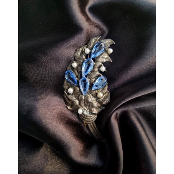 Rare Find Vintage 1920-1930s Blue Rhinestones Silver Metal Toned Large Leaf Broo - Picture 3 of 6